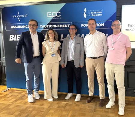 Philippe ALAUZE, Président de la Fédération des Buralistes d'Île-de-France, d'Oise et de Seine-Maritime, Patricia DUARTE, Déléguée régionale Mudetaf, Jean-Baptiste PASCAUD, Directeur de Formation Buralistes, Olivier DE POMMERY, Directeur de l'EDC, et Philippe DELCOURT, Délégué régional Mudetaf